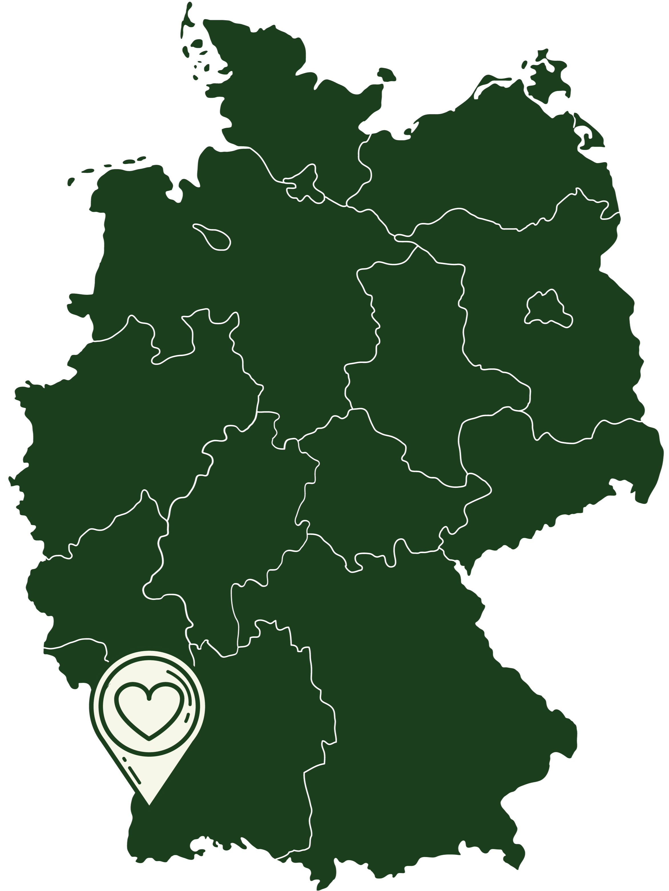 Illustration von Deutschlandkarte mit Markierung des Produktionsstandortes in Freiburg - bei wer wir sind